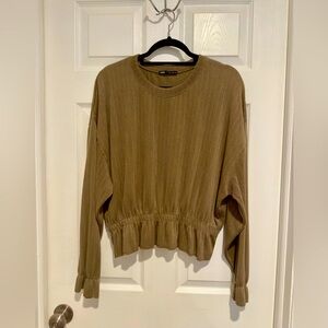 Zara Ribbed Knit Top Size L Beige Elastic Waist Long Sleeve